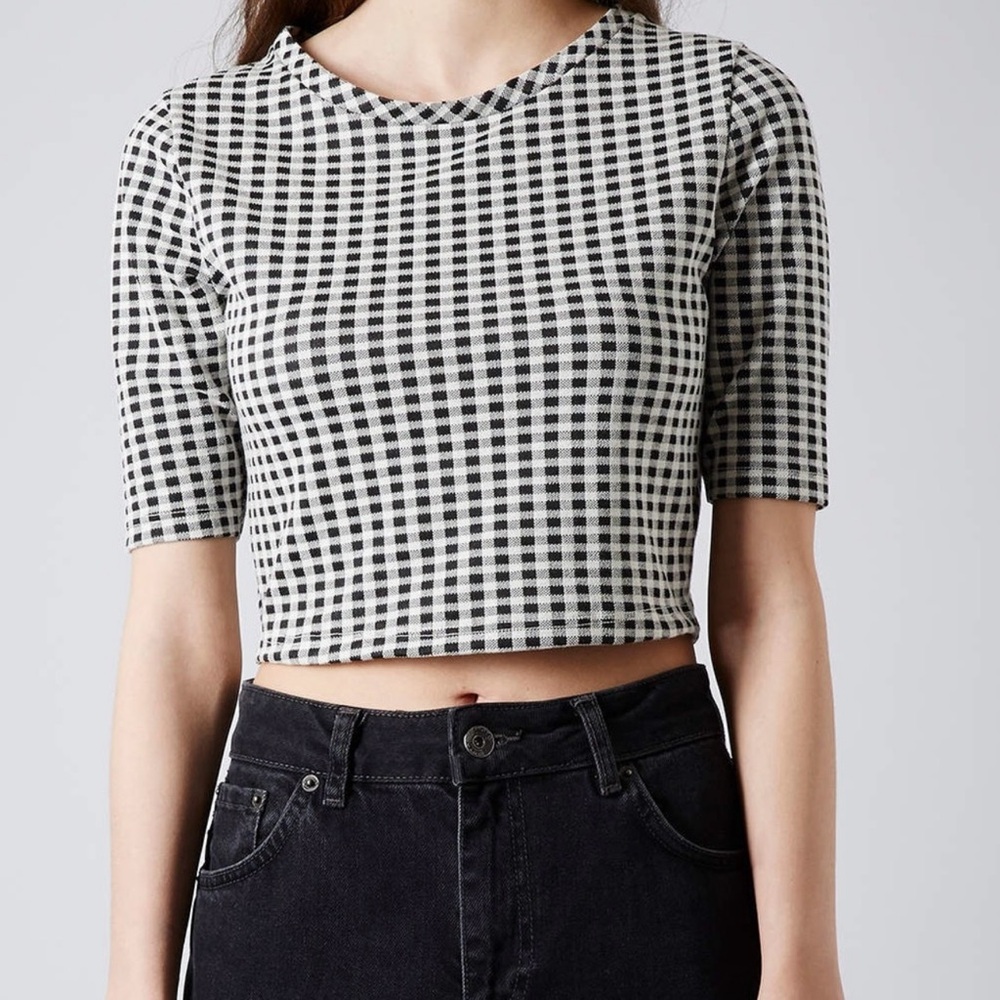 Topshop Gingham Short Sleeve Crop Top Baby Tee